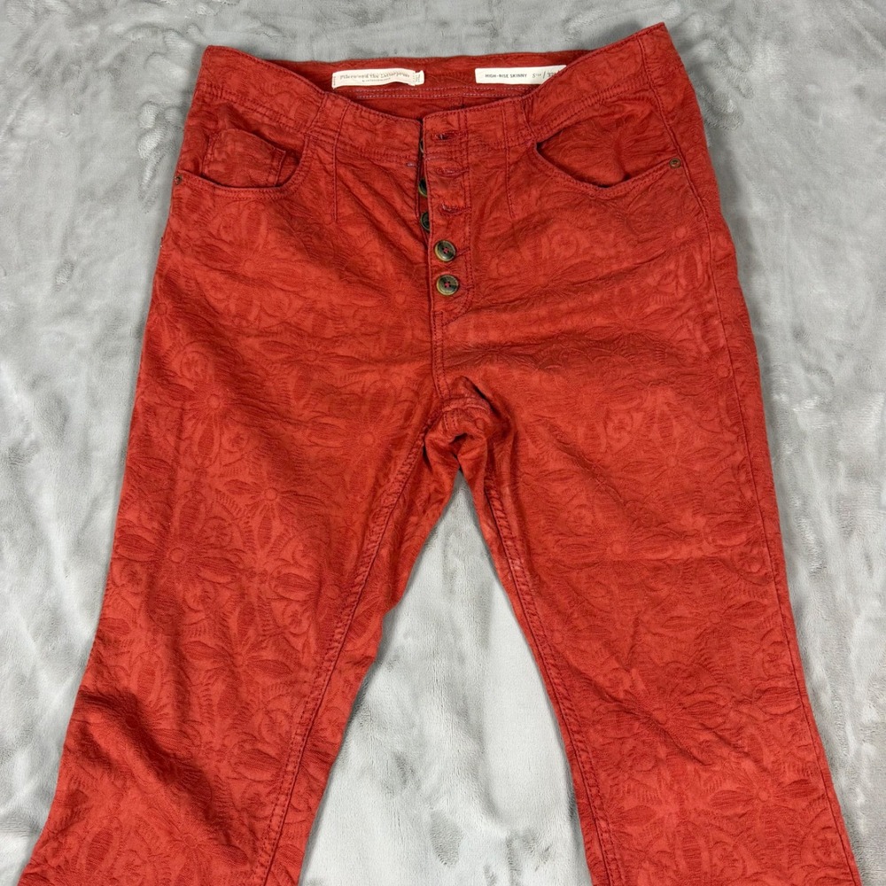 Anthropologie Pilcro High Rise Skinny Pants Rust Orange Floral Jacquard Size 32 - Picture 6 of 10
